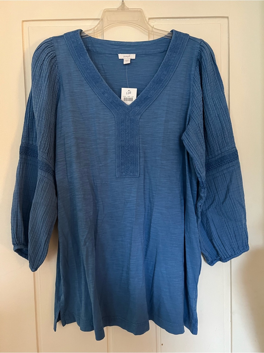 J. Jill Blue V-Neck Tunic with Textured Balloon Sleeves